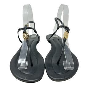 Tory Burch Emmy Thong Sandal Flat Logo Leather Black Gold Size US 7